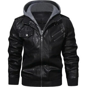 Men’s Stand Collar PU Faux Leather  Zipper Motorcycle Bomber Jacket